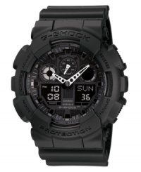 Get your look in gear. This G-Shock watch features a black resin strap and round case. Shock-resistant analog-digital dial with logo, five subdials, auto LED light, world time, daily alarm, stopwatch, countdown timer and 12/24-hour formats. Quartz movement. Water resistant to 200 meters. One-year limited warranty. Get your look in gear. This G-Shock watch features a black resin strap and round case. Shock-resistant analog-digital dial with logo, five subdials, auto LED light, world time, daily alarm, stopwatch, countdown timer and 12/24-hour formats. Quartz movement. Water resistant to 200 meters. One-year limited warranty.