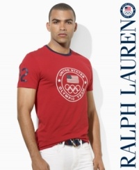 A simple yet powerful statement, this custom-fit ringer T-shirt embraces the prestige of the Olympic Games with a printed logo celebrating Team USA's participation in the London 2012 Games. A simple yet powerful statement, this custom-fit ringer T-shirt embraces the prestige of the Olympic Games with a printed logo celebrating Team USA's participation in the London 2012 Games.