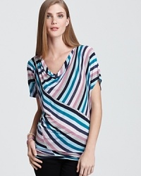 Multi-directional stripes in bold hues lend striking interest to this Ella Moss top, featuring an elegantly draped neckline. Multi-directional stripes in bold hues lend striking interest to this Ella Moss top, featuring an elegantly draped neckline.