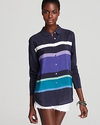 Vibrant color-blocking brings a lighthearted spirit to this luxe Equipment shirt, playful and posh for summer with crisp white cut-offs and the must-have smoking flat. Vibrant color-blocking brings a lighthearted spirit to this luxe Equipment shirt, playful and posh for summer with crisp white cut-offs and the must-have smoking flat.