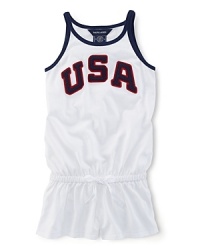 A red, white and blue design with U.S.A. patching gives a preppy, all-American look to a pretty warm-weather romper in celebration of Team USA's participation in the 2012 Olympics. A red, white and blue design with U.S.A. patching gives a preppy, all-American look to a pretty warm-weather romper in celebration of Team USA's participation in the 2012 Olympics.