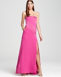 BCBGMAXAZRIA takes on the art of fabric mixing, blending a textured crepe with smooth satin--effortlessly embodied in a bright berry hue. BCBGMAXAZRIA takes on the art of fabric mixing, blending a textured crepe with smooth satin--effortlessly embodied in a bright berry hue.
