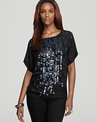 Shine in shades of sparkle in this AK Anne Klein blouse emboldened by decadent sequins and stunning faux-leather embellishment for everyday luxe. Shine in shades of sparkle in this AK Anne Klein blouse emboldened by decadent sequins and stunning faux-leather embellishment for everyday luxe.