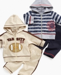 Outfit him for the football season with these great gridiron-inspired sporty hoodie and pants sets from Baby Essentials. Outfit him for the football season with these great gridiron-inspired sporty hoodie and pants sets from Baby Essentials.