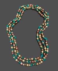 Add a long layer of elegance with a hint of tropical color. Necklace features dyed chocolate cultured freshwater pearls (5-8 mm) and turquoise chips. Approximate length: 64 inches. Add a long layer of elegance with a hint of tropical color. Necklace features dyed chocolate cultured freshwater pearls (5-8 mm) and turquoise chips. Approximate length: 64 inches.