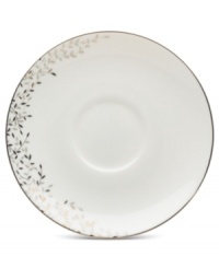 Fringed with shimmering leaves of platinum and mica, this bone china latte saucer turns your table into a springtime utopia. Its sleek coupe shape is a vision of modern elegance in platinum-banded white. Fringed with shimmering leaves of platinum and mica, this bone china latte saucer turns your table into a springtime utopia. Its sleek coupe shape is a vision of modern elegance in platinum-banded white.