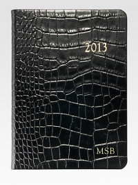 The ideal social agenda, featuring month-at-a-view and week-at-a-view pages, daily note pages plus maps, travel and holiday information.Hand-crafted, Smyth-sewn crocodile-embossed leather coverGilt-edged acid-free creamy white paperAbout 5½W X 7½HMade in USA The ideal social agenda, featuring month-at-a-view and week-at-a-view pages, daily note pages plus maps, travel and holiday information.Hand-crafted, Smyth-sewn crocodile-embossed leather coverGilt-edged acid-free creamy white paperAbout 5½W X 7½HMade in USA