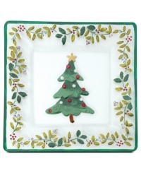 A classic holly motif and tree-green banding in textured glass make this Pfaltzgraff Winterberry platter a festive addition to holiday tables. A classic holly motif and tree-green banding in textured glass make this Pfaltzgraff Winterberry platter a festive addition to holiday tables.