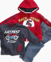Set him on the fast track to comfort and cool casual style with this fun shirt, jean and hoodie set from Nannette. Set him on the fast track to comfort and cool casual style with this fun shirt, jean and hoodie set from Nannette.