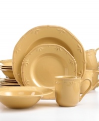 A laid-back hue commingles with a traditional embossed design, infusing this Thomson Pottery dinnerware with a casual elegance. Dishwasher and microwave safe.