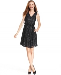 Ellen Tracy's V-neck dress features metallic lace for a sparkling touch day or night. Ellen Tracy's V-neck dress features metallic lace for a sparkling touch day or night.