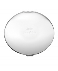 Engraved with hello sunshine, the silver-plated Silver Street compact mirror is a most-elegant way to check your makeup. A beautiful gift with the impeccable style of kate spade new york. Engraved with hello sunshine, the silver-plated Silver Street compact mirror is a most-elegant way to check your makeup. A beautiful gift with the impeccable style of kate spade new york.