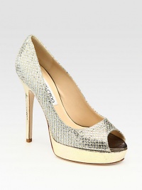 From the 24:7 Collection. Metallic and glitter-covered leather create allover shine for this two-tone, evening style.Self-covered heel, 5¼ (130mm) Self-covered platform, 1¼ (30mm) Compares to a 4 heel (100mm) Open toe Leather lining and sole Padded insole Made in ItalyOUR FIT MODEL RECOMMENDS ordering one half size up as this style runs small. From the 24:7 Collection. Metallic and glitter-covered leather create allover shine for this two-tone, evening style.Self-covered heel, 5¼ (130mm) Self-covered platform, 1¼ (30mm) Compares to a 4 heel (100mm) Open toe Leather lining and sole Padded insole Made in ItalyOUR FIT MODEL RECOMMENDS ordering one half size up as this style runs small.