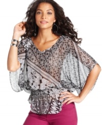 Amp up your everyday look in Cha Cha Vente's tribal-print top, made from cool sheer fabric. Pair it with a tank top and colored jeans for a modern take on casual style. Amp up your everyday look in Cha Cha Vente's tribal-print top, made from cool sheer fabric. Pair it with a tank top and colored jeans for a modern take on casual style.