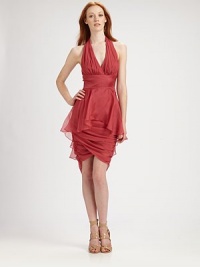 Floaty silk chiffon, finished with allover ruching, a ruffled tier, and a flattering halter neckline.Surplice halter neckline with back button closuresRuched bustBanded waistRuched skirt with ruffled tier overlayConcealed back zipFully linedAbout 20 from natural waistSilkDry cleanImportedModel shown is 5'10 (177cm) wearing US size 4.OUR FIT MODEL RECOMMENDS ordering one size up as this style runs small. Floaty silk chiffon, finished with allover ruching, a ruffled tier, and a flattering halter neckline.Surplice halter neckline with back button closuresRuched bustBanded waistRuched skirt with ruffled tier overlayConcealed back zipFully linedAbout 20 from natural waistSilkDry cleanImportedModel shown is 5'10 (177cm) wearing US size 4.OUR FIT MODEL RECOMMENDS ordering one size up as this style runs small.