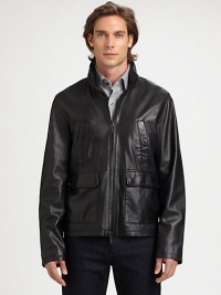 Neatly patterned perforations details and defines this zip-front jacket, tailored from lustrous lambskin leather that exudes modern cool.Two-way zip frontStand collarChest welt, waist flap pocketsFully linedAbout 19 from shoulder to hemLeatherDry cleanImported