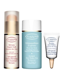 Two advanced firming treatments work together to lift, tighten and tone eye contours-reducing the look of puffiness, dark circles and expression lines. Heavy and waterproof eye makeup vanishes without a trace with one gentle formula that does it all. Set includes:- Full-Size Advanced Extra-Firming Eye Contour Serum- Sample-Size Advanced Extra-Firming Eye Contour Cream- Trial-Size Instant Eye Make-Up Remover Two advanced firming treatments work together to lift, tighten and tone eye contours-reducing the look of puffiness, dark circles and expression lines. Heavy and waterproof eye makeup vanishes without a trace with one gentle formula that does it all. Set includes:- Full-Size Advanced Extra-Firming Eye Contour Serum- Sample-Size Advanced Extra-Firming Eye Contour Cream- Trial-Size Instant Eye Make-Up Remover