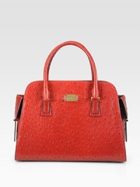 This bold style features ostrich stamped leather with a detachable should strap for added versatility.Double top handles, 5¼ dropDetachable adjustable shoulder strap, 20-22 dropTop zip closureProtective metal feetTwo outside flap pocketOne inside zip pocketTwo inside open pocketsLeather lining13¼W X 9½H X 6½DImported This bold style features ostrich stamped leather with a detachable should strap for added versatility.Double top handles, 5¼ dropDetachable adjustable shoulder strap, 20-22 dropTop zip closureProtective metal feetTwo outside flap pocketOne inside zip pocketTwo inside open pocketsLeather lining13¼W X 9½H X 6½DImported