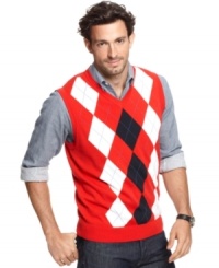 With the diamond-pattern argyle on the front of this sweater-vest from Club Room, you can build out a million-dollar look. With the diamond-pattern argyle on the front of this sweater-vest from Club Room, you can build out a million-dollar look.