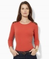 In a relaxed, feminine silhouette, Lauren by Ralph Lauren's supremely soft ribbed cotton top is finished with faux-suede patches and stitching at the shoulders for a chic, rustic vibe.