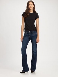 Delectable, dark-wash denim with figure-enhancing bootcut construction. THE FITMedium rise, about 8Inseam, about 31THE DETAILSZip flyFive-pocket style55% cotton/43% Lyocell/2% polyurethaneMachine washMade in USA of imported fabricModel shown is 5'11 (178cm) wearing US size 4. Delectable, dark-wash denim with figure-enhancing bootcut construction. THE FITMedium rise, about 8Inseam, about 31THE DETAILSZip flyFive-pocket style55% cotton/43% Lyocell/2% polyurethaneMachine washMade in USA of imported fabricModel shown is 5'11 (178cm) wearing US size 4.