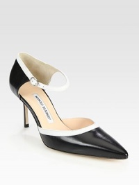 Contrast trim, open front and an adjustable Mary Jane strap define this iconic leather point toe pump. Stacked heel, 2¾ (70mm)Leather upperLeather lining and solePadded insoleMade in Italy Contrast trim, open front and an adjustable Mary Jane strap define this iconic leather point toe pump. Stacked heel, 2¾ (70mm)Leather upperLeather lining and solePadded insoleMade in Italy