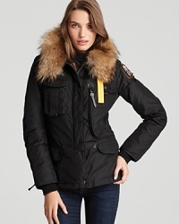 This short down coat from Parajumpers is locked and loaded with utilitarian details and luxe fur trim. This short down coat from Parajumpers is locked and loaded with utilitarian details and luxe fur trim.