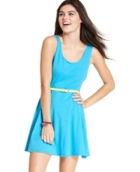 Finished with a neon belt, this skater dress from Ultra Flirt pairs our favorite trends of the season: bright colors and a swingy, a-line shape! Finished with a neon belt, this skater dress from Ultra Flirt pairs our favorite trends of the season: bright colors and a swingy, a-line shape!
