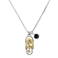 Im. Rhodium and Gold Open Plumeria Flower Flip Flop and Charm Necklace with Jet Black Crystal Drop Im. Rhodium and Gold Open Plumeria Flower Flip Flop and Charm Necklace with Jet Black Crystal Drop