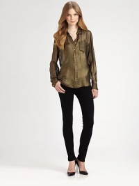 Dazzle the day away in this whisper-light silk top with a lengthy shirttail hem and glimmering metallic finish. Point collarButton frontSingle front patch pocketLong sleeves with buttoned cuffsShirttail hem hits below the hipsSilkDry cleanImportedModel shown is 5'10 (177cm) wearing US size Small. Dazzle the day away in this whisper-light silk top with a lengthy shirttail hem and glimmering metallic finish. Point collarButton frontSingle front patch pocketLong sleeves with buttoned cuffsShirttail hem hits below the hipsSilkDry cleanImportedModel shown is 5'10 (177cm) wearing US size Small.