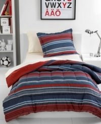 Evoking a distinctly classic and refined look, this Easton Stripe comforter set features a medley of horizontal stripes in a perfectly paired colorway of blue and red. Reverses to solid red. Evoking a distinctly classic and refined look, this Easton Stripe comforter set features a medley of horizontal stripes in a perfectly paired colorway of blue and red. Reverses to solid red.