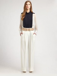 This silk panel-constructed style features contrasting sheer side panels and an open front placket.Point collar with button closureOpen placket with tab detailSheer side panelsSheer long sleeves with button cuffsInverted back pleatAbout 24 from shoulder to hemSilkDry cleanImportedModel shown is 5'11 (180cm) wearing US size 4. This silk panel-constructed style features contrasting sheer side panels and an open front placket.Point collar with button closureOpen placket with tab detailSheer side panelsSheer long sleeves with button cuffsInverted back pleatAbout 24 from shoulder to hemSilkDry cleanImportedModel shown is 5'11 (180cm) wearing US size 4.