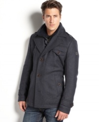 Everyday wear gets the designer treatment from Hugo Boss Orange, the casual collection of Hugo Boss. Here, the Ofanta Jacket quotes details of the ordinary pea coat (like oversized notch lapels) and makes them extraordinary by virtue of additions like an interior ribbed collar. Everyday wear gets the designer treatment from Hugo Boss Orange, the casual collection of Hugo Boss. Here, the Ofanta Jacket quotes details of the ordinary pea coat (like oversized notch lapels) and makes them extraordinary by virtue of additions like an interior ribbed collar.