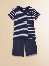 A soft v-neck with a plethora of contrasting stripes meets a pair of cool shorts with side pocket.V-neckShort sleevesPullover styleElastic waistSide pocket39% supima cotton/39% micro modal/22% polyesterMachine washMade in USA A soft v-neck with a plethora of contrasting stripes meets a pair of cool shorts with side pocket.V-neckShort sleevesPullover styleElastic waistSide pocket39% supima cotton/39% micro modal/22% polyesterMachine washMade in USA