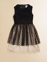 Party-perfect and perfectly stunning, this peplum frock features dreamy lace and a frilly pindot overlay.JewelneckSleevelessBack zipperBanded waistbandPeplum hemNylon/RayonDry cleanMade in the USA of imported fabric Party-perfect and perfectly stunning, this peplum frock features dreamy lace and a frilly pindot overlay.JewelneckSleevelessBack zipperBanded waistbandPeplum hemNylon/RayonDry cleanMade in the USA of imported fabric