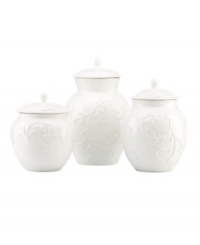 With an elegant white-on-white pattern featuring an embossed vine motif and radiant glaze, the Opal Innocence Carved canisters from Lenox add endless refinement to your kitchen. With an elegant white-on-white pattern featuring an embossed vine motif and radiant glaze, the Opal Innocence Carved canisters from Lenox add endless refinement to your kitchen.
