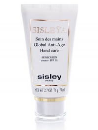 Global anti-age treatment for smoother and softer hands. Designed to prevent age signs on the hands. Made with botanical plant extracts and an anti-UVA-UVB filter complex(SPF 10). Helps to hydrate and nourish the hands, leaving them supple and protected.  Lightening and anti-age spot action  Firming and anti-aging action  Repairing  2.7 oz. 