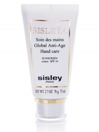 Global anti-age treatment for smoother and softer hands. Designed to prevent age signs on the hands. Made with botanical plant extracts and an anti-UVA-UVB filter complex(SPF 10). Helps to hydrate and nourish the hands, leaving them supple and protected. Lightening and anti-age spot action Firming and anti-aging action Repairing 2.7 oz. Global anti-age treatment for smoother and softer hands. Designed to prevent age signs on the hands. Made with botanical plant extracts and an anti-UVA-UVB filter complex(SPF 10). Helps to hydrate and nourish the hands, leaving them supple and protected. Lightening and anti-age spot action Firming and anti-aging action Repairing 2.7 oz.