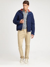 Pima cotton chino, shaped in a straight-leg silhouette, and accented with a suspender belt for a cool, contemporary finish.Flat-front styleSide slash, back welt pocketsInseam, about 31CottonMachine washImported Pima cotton chino, shaped in a straight-leg silhouette, and accented with a suspender belt for a cool, contemporary finish.Flat-front styleSide slash, back welt pocketsInseam, about 31CottonMachine washImported