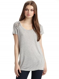 The classic pocket tee gets a glamorous update with a chiffon inset on one shoulder, embellished with chunky beads and chains.Scoopneck Single embellished shoulder Pullover style Short sleeves Chest welt pocket About 26¾ from shoulder to hem Rayon; hand wash Imported The classic pocket tee gets a glamorous update with a chiffon inset on one shoulder, embellished with chunky beads and chains.Scoopneck Single embellished shoulder Pullover style Short sleeves Chest welt pocket About 26¾ from shoulder to hem Rayon; hand wash Imported
