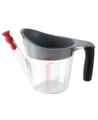 Eliminate the fat from gravy and with this ingenious fat separator. Pour your gravy into the separator and watch the fat rise to the top while lean gravy settles to the bottom. Includes its own strainer to catch unwanted bits and stopper which keeps fat out of the spout. Shield prevents gravy from spilling. Measurement marking for recipe use. Four cup capacity. Eliminate the fat from gravy and with this ingenious fat separator. Pour your gravy into the separator and watch the fat rise to the top while lean gravy settles to the bottom. Includes its own strainer to catch unwanted bits and stopper which keeps fat out of the spout. Shield prevents gravy from spilling. Measurement marking for recipe use. Four cup capacity.