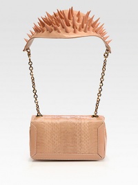A dramatic style in luxurious python with patent leather trim and a spiked shoulder detail.Chain and embellished patent leather shoulder strap, 10½ dropMagnetic snap flap closureThree inner compartmentsSignature red lining7W X 4H X 1½DMade in Italy A dramatic style in luxurious python with patent leather trim and a spiked shoulder detail.Chain and embellished patent leather shoulder strap, 10½ dropMagnetic snap flap closureThree inner compartmentsSignature red lining7W X 4H X 1½DMade in Italy