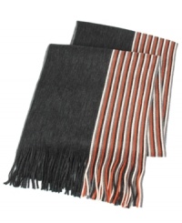 A stalwart solid or a stylish stripe? Tallia draws a line straight down the middle-half heather charcoal and half skinny stripes-in a scarf that shows the best of both.