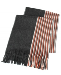 A stalwart solid or a stylish stripe? Tallia draws a line straight down the middle-half heather charcoal and half skinny stripes-in a scarf that shows the best of both. A stalwart solid or a stylish stripe? Tallia draws a line straight down the middle-half heather charcoal and half skinny stripes-in a scarf that shows the best of both.