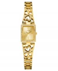 Glistening gold tone melds with Swarovski crystal rhinestone accents in this heartfelt watch from GUESS. Glistening gold tone melds with Swarovski crystal rhinestone accents in this heartfelt watch from GUESS.