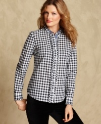Tommy Hilfiger's cotton shirt combines a playful gingham plaid print with a crisp ruffled placket and a wingtip collar. Tommy Hilfiger's cotton shirt combines a playful gingham plaid print with a crisp ruffled placket and a wingtip collar.