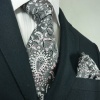 Landisun 55K Dark Gray Pink Floral Mens Silk Tie Set: Tie+Hanky &Plastic Hook