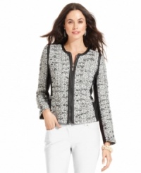 Look tailored and on-trend with Alfani's tweed jacket, featuring stylish faux leather and ponte insets. Look tailored and on-trend with Alfani's tweed jacket, featuring stylish faux leather and ponte insets.