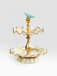 A beautifully handcrafted, tiered ceramic stand in a striking pattern of color-dragged checks with gold luster. The perfect addition to a buffet or party is fired three times for added strength to last a lifetime. Hand-painted and -glazed11.5 tallFluted plates, 9 diam.Hand washMade in the USA A beautifully handcrafted, tiered ceramic stand in a striking pattern of color-dragged checks with gold luster. The perfect addition to a buffet or party is fired three times for added strength to last a lifetime. Hand-painted and -glazed11.5 tallFluted plates, 9 diam.Hand washMade in the USA