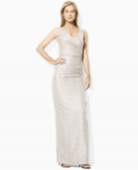 Finished with a boat neckline and shirring down the sides for a flattering, body-contouring fit, Lauren Ralph Lauren's bold sequined dress with a mesh overlay exudes chic, sexy appeal. Finished with a boat neckline and shirring down the sides for a flattering, body-contouring fit, Lauren Ralph Lauren's bold sequined dress with a mesh overlay exudes chic, sexy appeal.